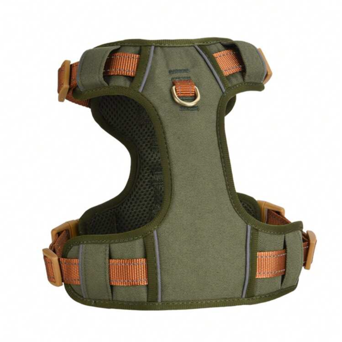 Green dog harness with brown accents on a white background